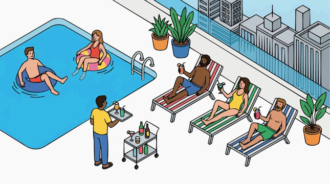 A vibrant rooftop pool scene, capturing leisure and luxury with people enjoying the sun and drinks, and the city skyline adding a sophisticated backdrop. 