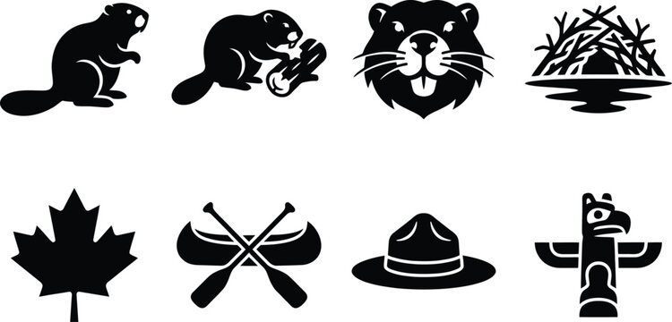 WebCanada Victoria Day National Pride Icon Set, Canadian Symbols Silhouette, Maple Leaf, Beaver, Canoe, RCMP Mountie, and Ice Hockey Vector Illustrations