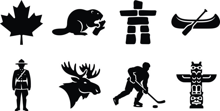 Canada Victoria Day National Identity Icon Set, Canadian Symbols Silhouette, Beaver, Moose, Inuksuk, Hockey Player, and Totem Pole Vector Illustrations