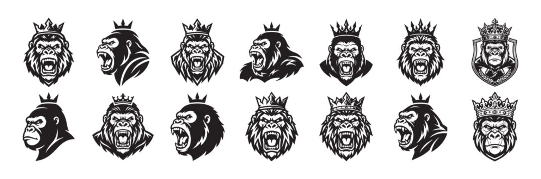 Set of aggressive gorilla king logos with crowns, fierce animal emblems.