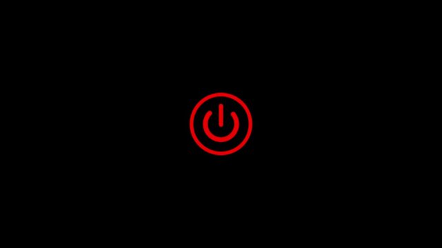 Red power button symbol glowing on a completely black background representing the universal symbol for turning devices on or off and indicating power status Keywords: power, button, symbol, red