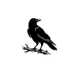 Fototapeta premium Elegant minimalist black raven silhouette perched on a bare branch, a striking vector graphic illustration perfect for mysterious design projects
