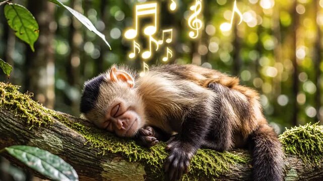 A capuchin monkey sleeping peacefully on a mossy tropical tree branch in a rainforest with glowing musical notes floating in the soft warm air