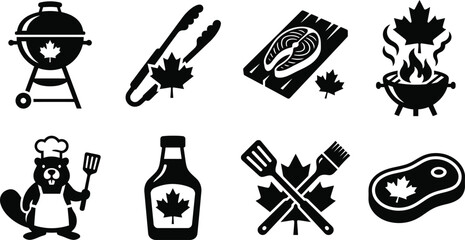 Canada Victoria Day BBQ and Salmon Grilling Icon Set, Canadian Holiday Barbecue Symbols Silhouette, BBQ Tongs, Grill with Maple Leaf, and Chef Beaver Vector Illustrations ©  vector icon