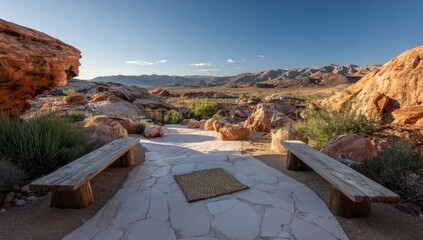 Desert patio with rock formations and benches