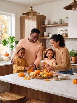 Happy multi-ethnic family decorating their kitchen with pumpkins and autumn leaves for the fall season