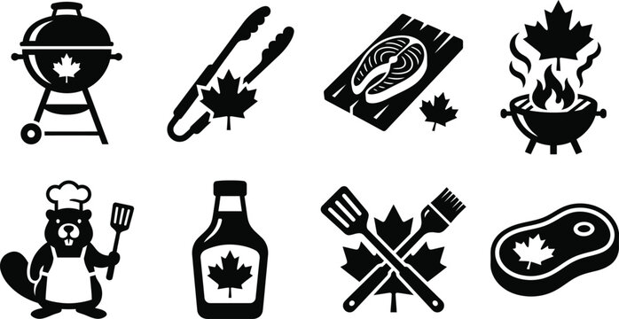 Canada Victoria Day BBQ and Salmon Grilling Icon Set, Canadian Holiday Barbecue Symbols Silhouette, BBQ Tongs, Grill with Maple Leaf, and Chef Beaver Vector Illustrations