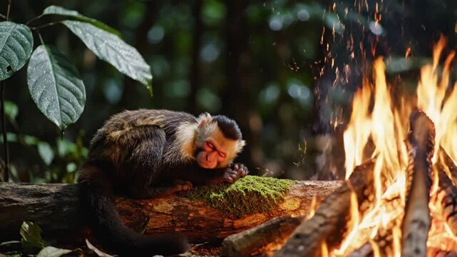 Capuchin monkey resting on a mossy log near a warm campfire in a lush tropical rainforest environment during the evening hours of the day