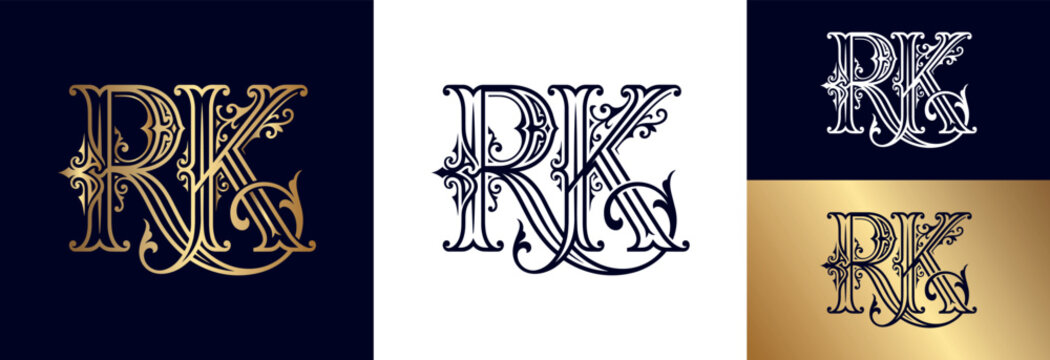 Beautiful RK monogram logo ornate luxurious vintage letters design.