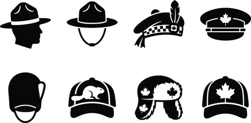 Canada Victoria Day Headwear Icon Set, Canadian Hat Silhouette Collection, RCMP Mountie Hat, Winter Tuque, and Maple Leaf Baseball Cap Vector Illustrations ©  vector icon