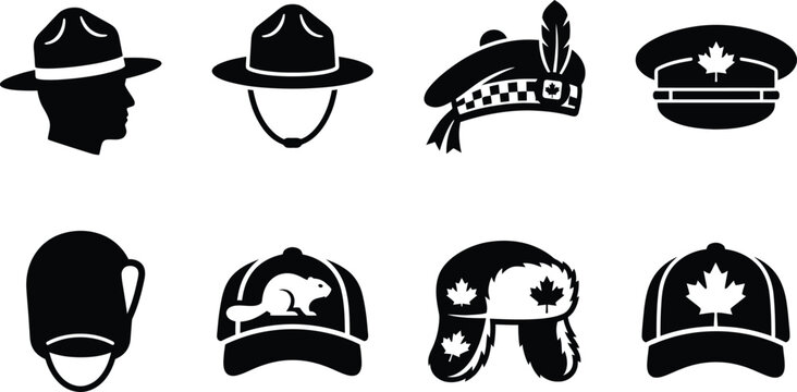 Canada Victoria Day Headwear Icon Set, Canadian Hat Silhouette Collection, RCMP Mountie Hat, Winter Tuque, and Maple Leaf Baseball Cap Vector Illustrations