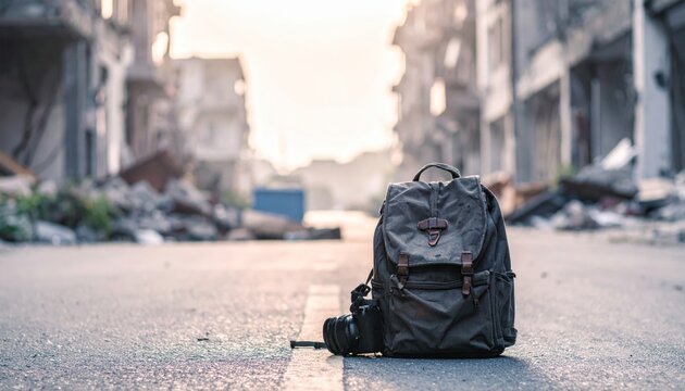 Abandoned Backpack and Camera on Deserted City Street