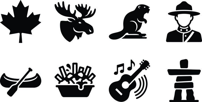 Canada Victoria Day Culture and Leisure Icon Set, Canadian Symbols Silhouette, Maple Leaf, Moose, Poutine, and Acoustic Guitar Vector Illustrations