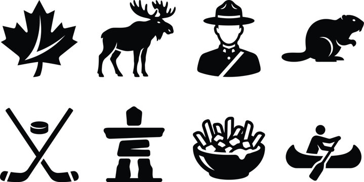 Canada Victoria Day Silhouette Icon Set, Canadian Symbols and Traditions, Maple Leaf, Moose, Mountie, and Poutine Vector Illustrations