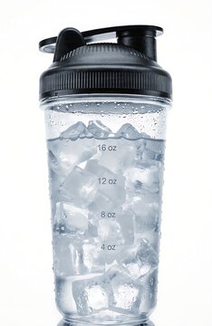 Clear plastic water bottle, filled with ice and water, measurements marked, black lid, hydration container