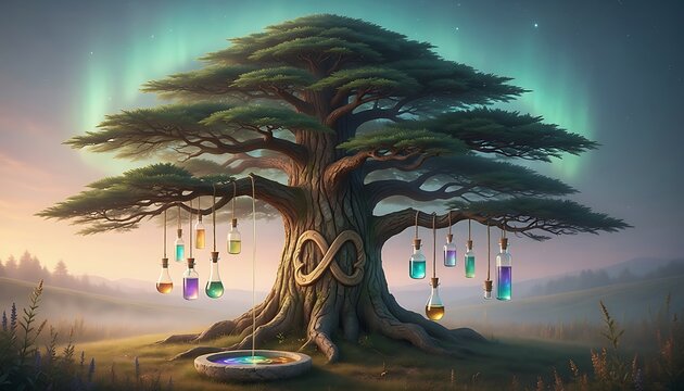 Magical ancient tree with hanging glowing potion bottles and infinity symbol.