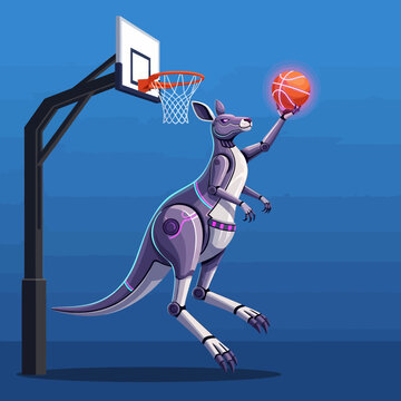 Robotic Kangaroo Dribbling Basketball Ready to Score a Goal.