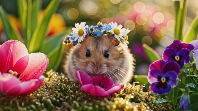Small fluffy hamster wearing a delicate crown of daisies and flowers sitting inside a colorful spring garden with blooming tulip petals