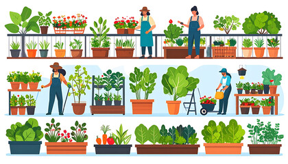 Fototapeta premium Gardeners tending to various potted plants and vegetables in a greenhouse, showcasing urban farming and sustainable agriculture
