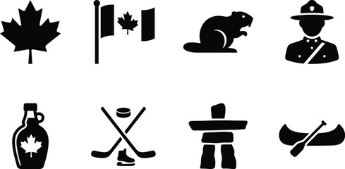 Canada National Symbols Silhouette Icon Set – Maple Leaf, Flag, Beaver, RCMP Mountie, Maple Syrup, Hockey, Inukshuk, and Canoe © @rayan_rahaman