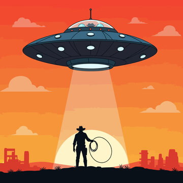 Cowboy Silhouetted Underneath a Hovering Flying Saucer at Sunset.