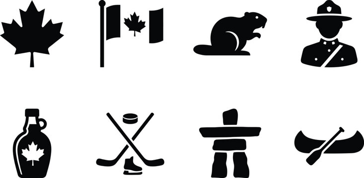 Canada National Symbols Silhouette Icon Set &ndash; Maple Leaf, Flag, Beaver, RCMP Mountie, Maple Syrup, Hockey, Inukshuk, and Canoe