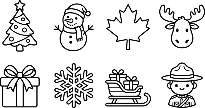 Canadian Winter Holiday Icon Set &ndash; Christmas Tree, Snowman, Maple Leaf, Moose, Gift, Snowflake, Sleigh, and RCMP Mountie Line Art