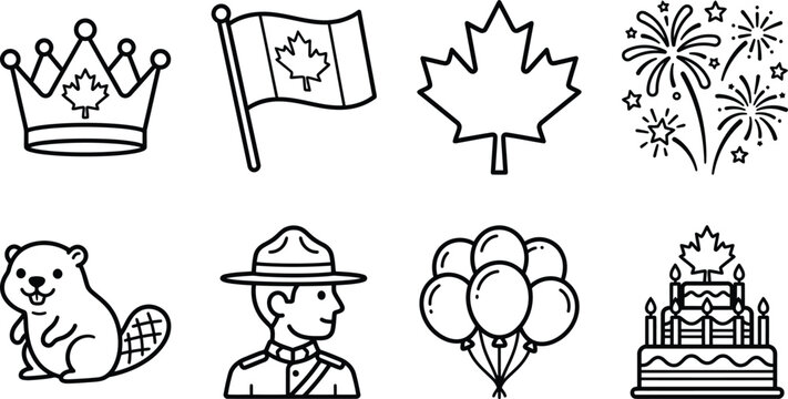 Victoria Day Canada Icon Set &ndash; Maple Leaf Crown, Canadian Flag, Fireworks, Beaver, RCMP Mountie, and Celebration Cake Line Art