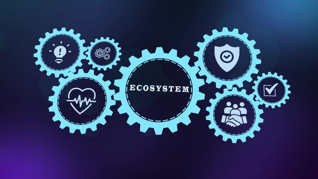  Digital ecosystem and interconnected business network concept with gears and icons symbolizing a thriving collaborative environment.