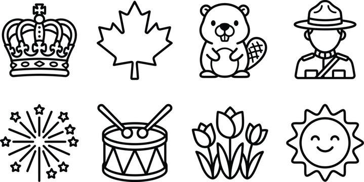 Victoria Day Canada Icon Collection &ndash; Crown, Maple Leaf, Beaver, RCMP Mountie, Fireworks, Parade Drum, Tulips, and Sun Line Art