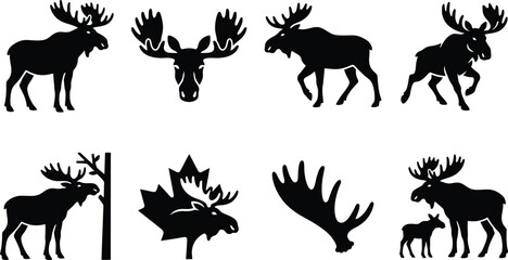 Naklejka premium Canadian Moose Silhouette Icon Set – Wildlife, Antlers, Maple Leaf, and Moose Calf Symbols for Victoria Day