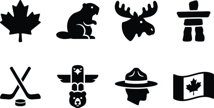 Canada National Symbols Icon Set &ndash; Maple Leaf, Beaver, Moose, Inukshuk, Hockey, Totem Pole, RCMP, and Canadian Flag Silhouette