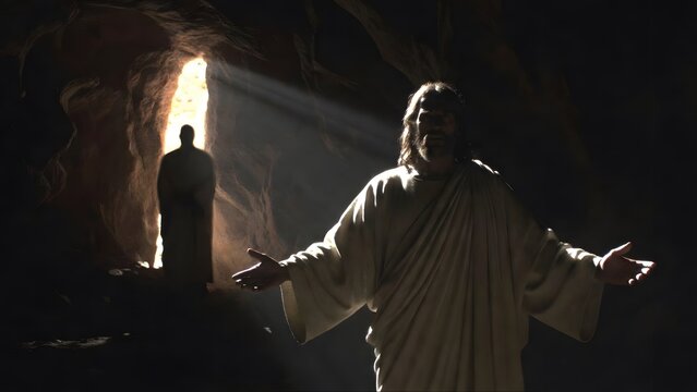 The image depicts Christ calling Lazarus out of the tomb from the dead as the main subject while Lazarus is partially visible in deep shadow within the cave + interior darkness contrasting with faint 