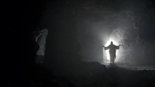 The image depicts Christ calling Lazarus out of the tomb from the dead as the main subject while Lazarus is partially visible in deep shadow within the cave + interior darkness contrasting with faint 
