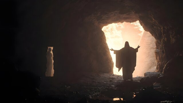 The image depicts Christ calling Lazarus out of the tomb from the dead as the main subject while Lazarus is partially visible in deep shadow within the cave + interior darkness contrasting with faint 