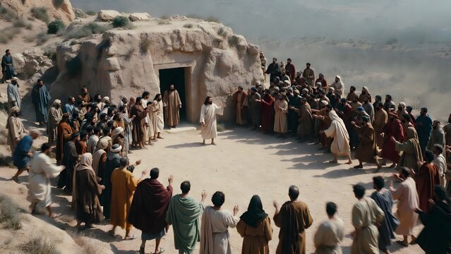 The image depicts Christ calling Lazarus out of the tomb from the dead as the main subject while the crowd instinctively creates space around the tomb entrance + open area widening near the focal poin