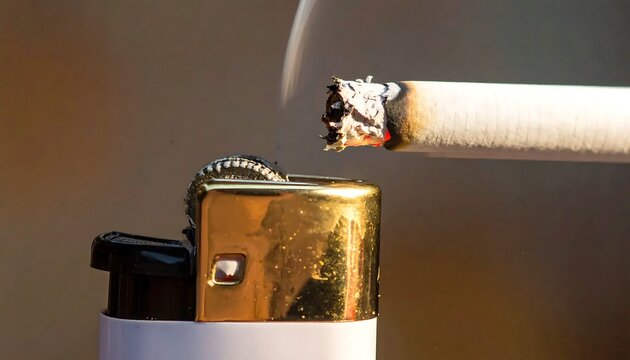 Cigarette being lit with gold lighter.