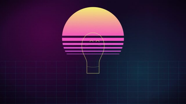 Minimalist light bulb icon glowing over retro synthwave horizon background