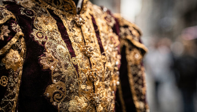 Detail of a maroon velvet royal doublet with intricate gold embroidery