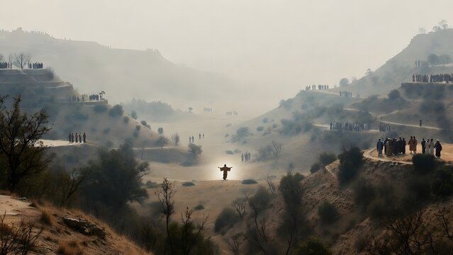 Christ performing a miracle observed by distant witnesses from afar as the main subject + wide valley with scattered groups positioned on elevated ridges watching from multiple vantage points + hazy d