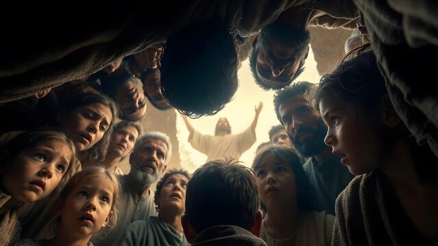 Christ performing a miracle observed from a low child-height perspective among adults as the main subject + towering figures surrounding a small viewing gap toward the central event + warm natural lig