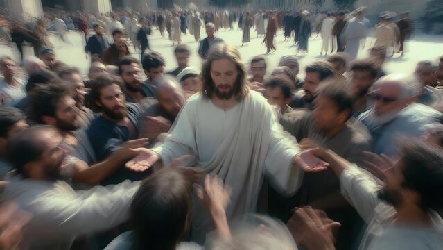 Christ performing a miracle in sharp clarity while surrounding crowd shows subtle motion blur as the main subject + busy open environment with figures shifting and reacting dynamically + balanced dayl