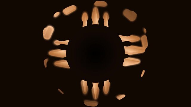 Abstract warm tan organic shapes rotating in kaleidoscope pattern on black background for artistic background loop