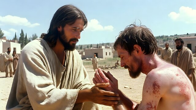 Christ extending compassion and healing to a leper in full public view as the main subject + outskirts of a village with scattered figures observing cautiously from a distance + bright natural dayligh