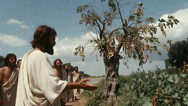 Christ demonstrating authority through a visible transformation of a fig tree before disciples as the main subject + roadside setting with sparse vegetation and open sky backdrop + bright daylight rev