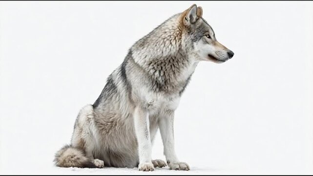 Calm grey wolf sitting, observing patiently