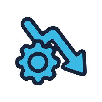 Gear and downward arrow icon representing decline and reduction concept