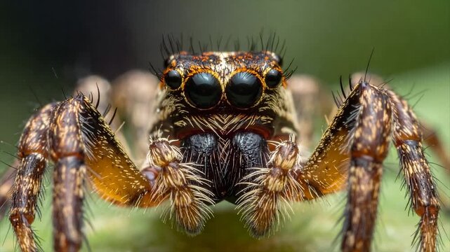 A macro shot of a jumping spider, showing its detailed eyes and fuzzy legs