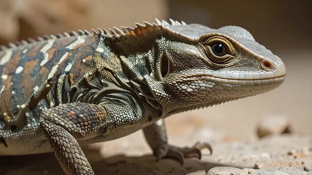 Close-up of a lizard with detailed scales, dorsal spikes, and a curious eye
