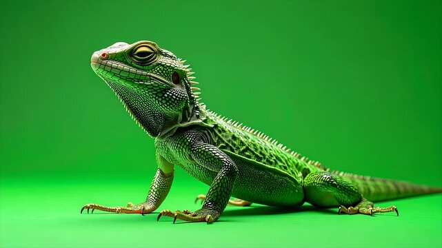 A vibrant green lizard with a spiky dorsal crest rests on a matching green surface